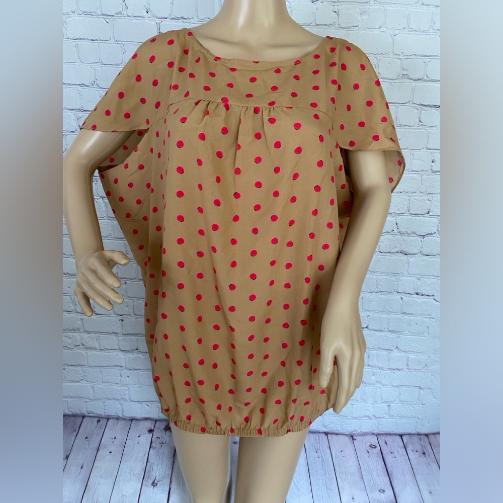 NEW with Tags LOFT Tan Pink Dot short sleeved blouse top shirt LARGE